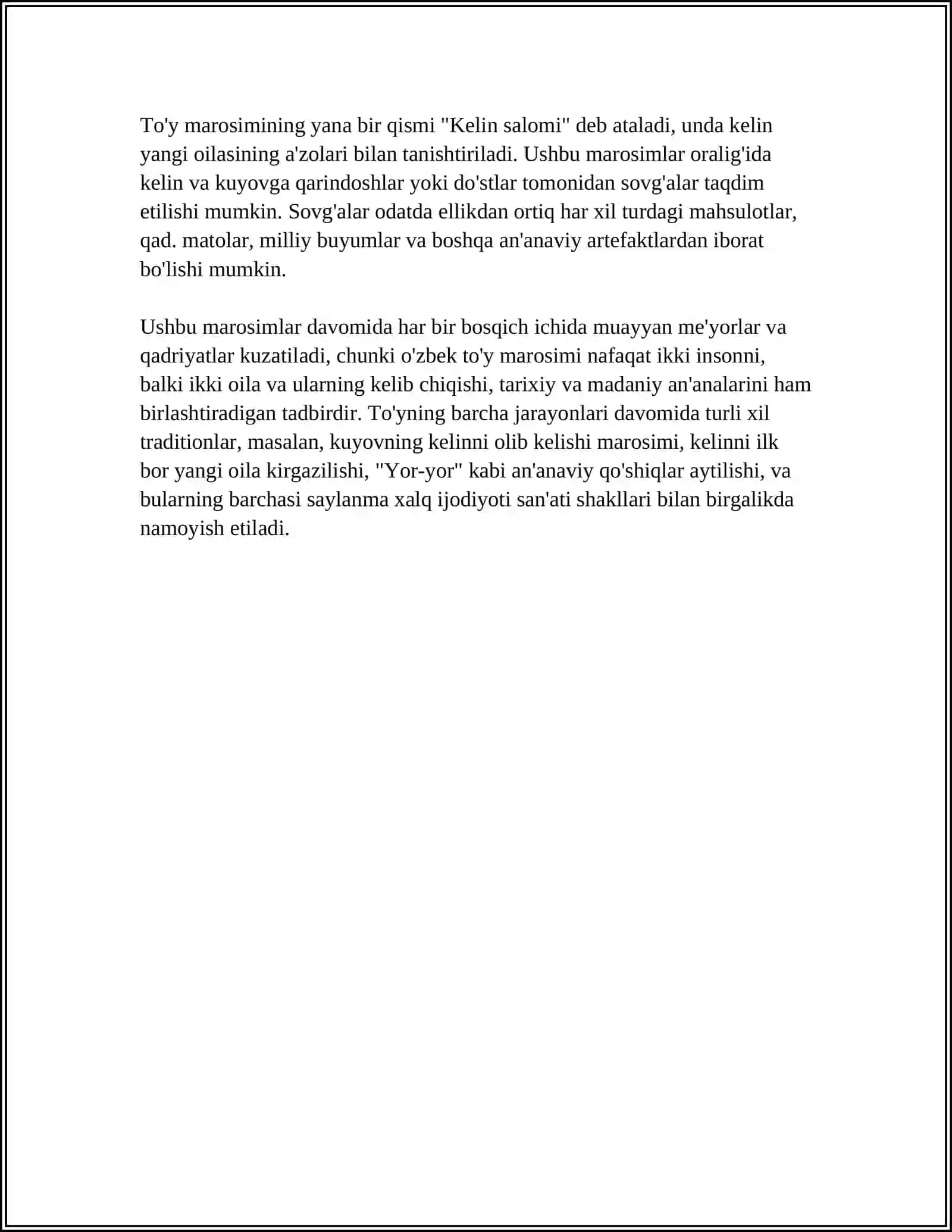 TURLI MILLATLARNING URF ODATLARI VA ANʼANALARI MAVZUSIDA IJODIY MATN 4