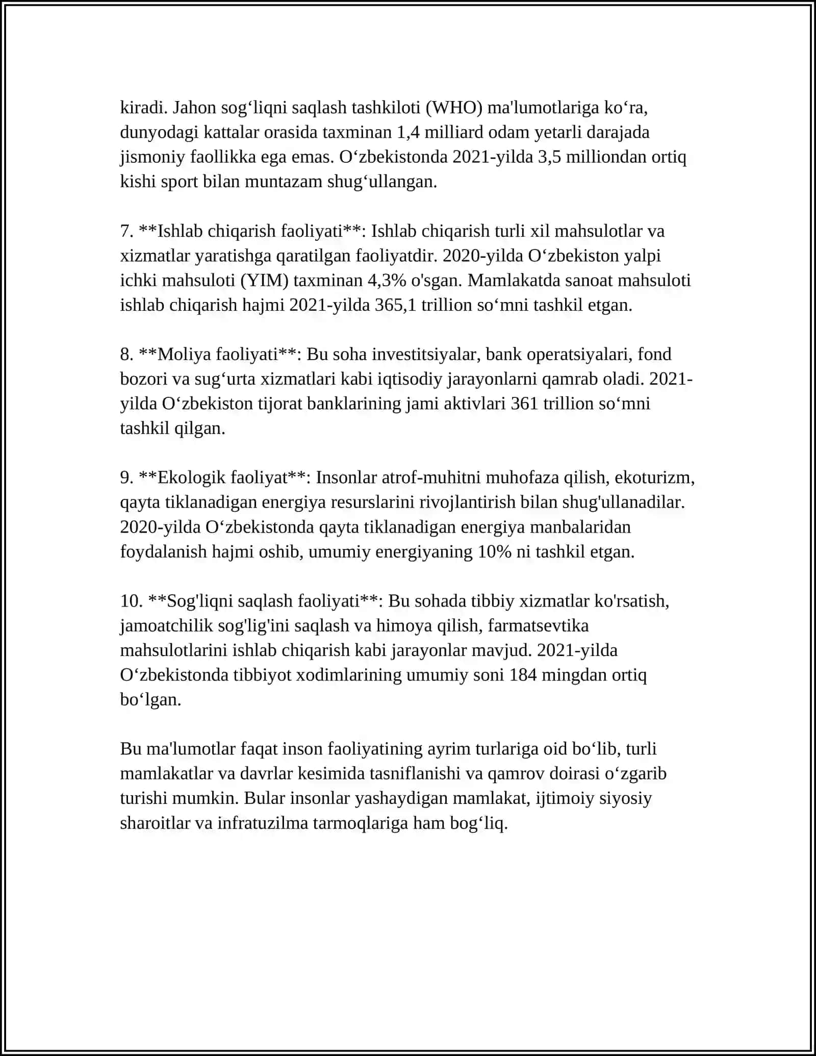 INSON FAOLIYATINING TUZULISHI VA UNING TURLARI HAQIDA 4