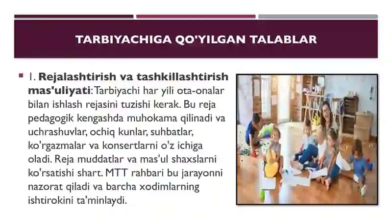 Ota onalar bilan ishlashda tarbiyachiga qo’yilgan talablar 4