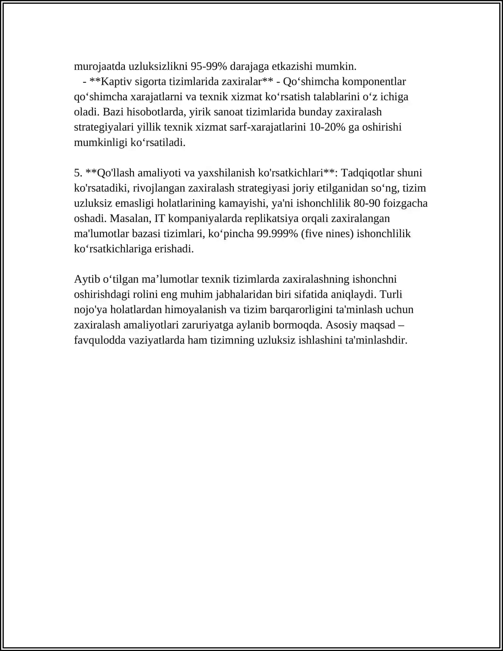 TEXNIK TIZIM ISHONCHLILIGINI OSHIRISHDA ZAXIRALASHNING ÖRNI 4