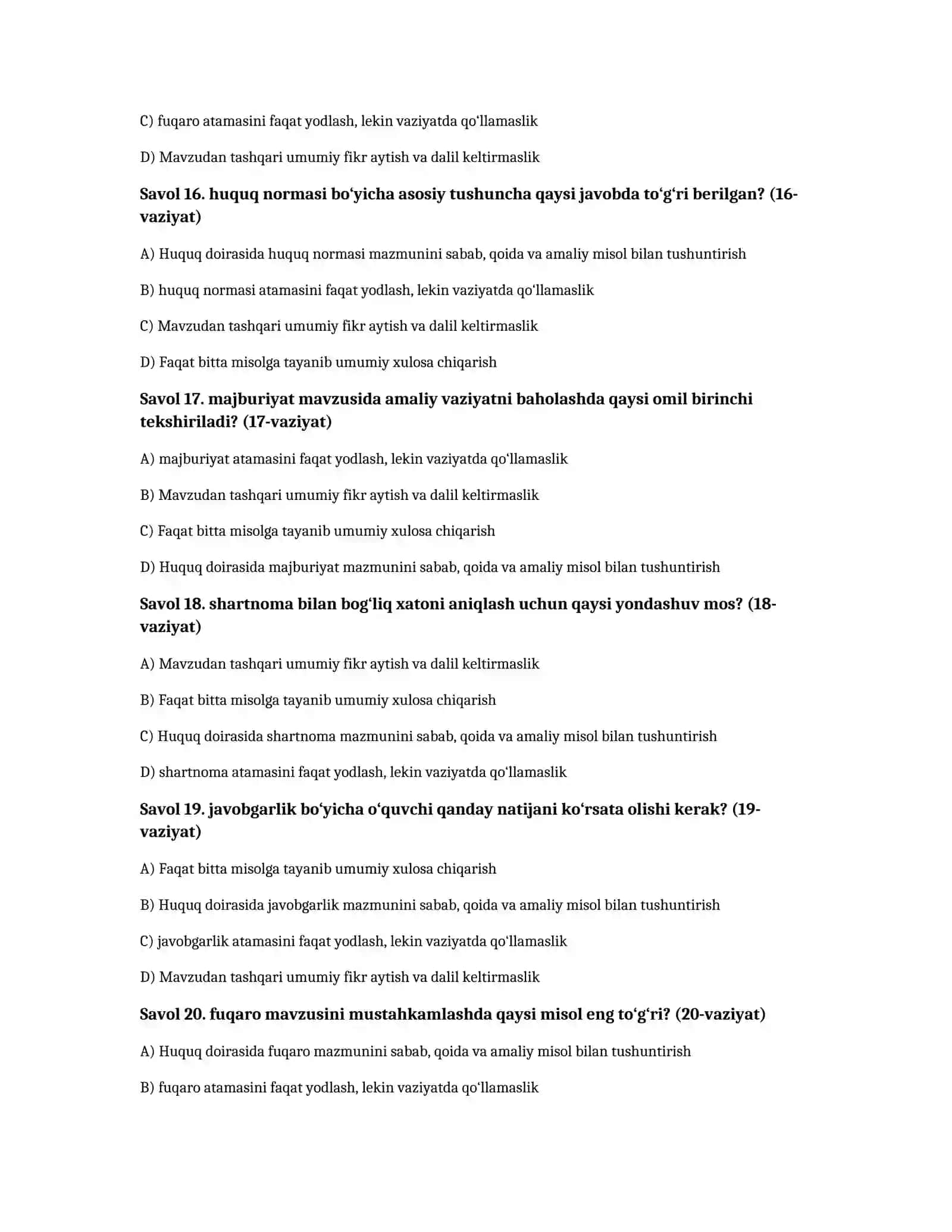 Huquqiy savodxonlik — 100 test javoblari bilan 4