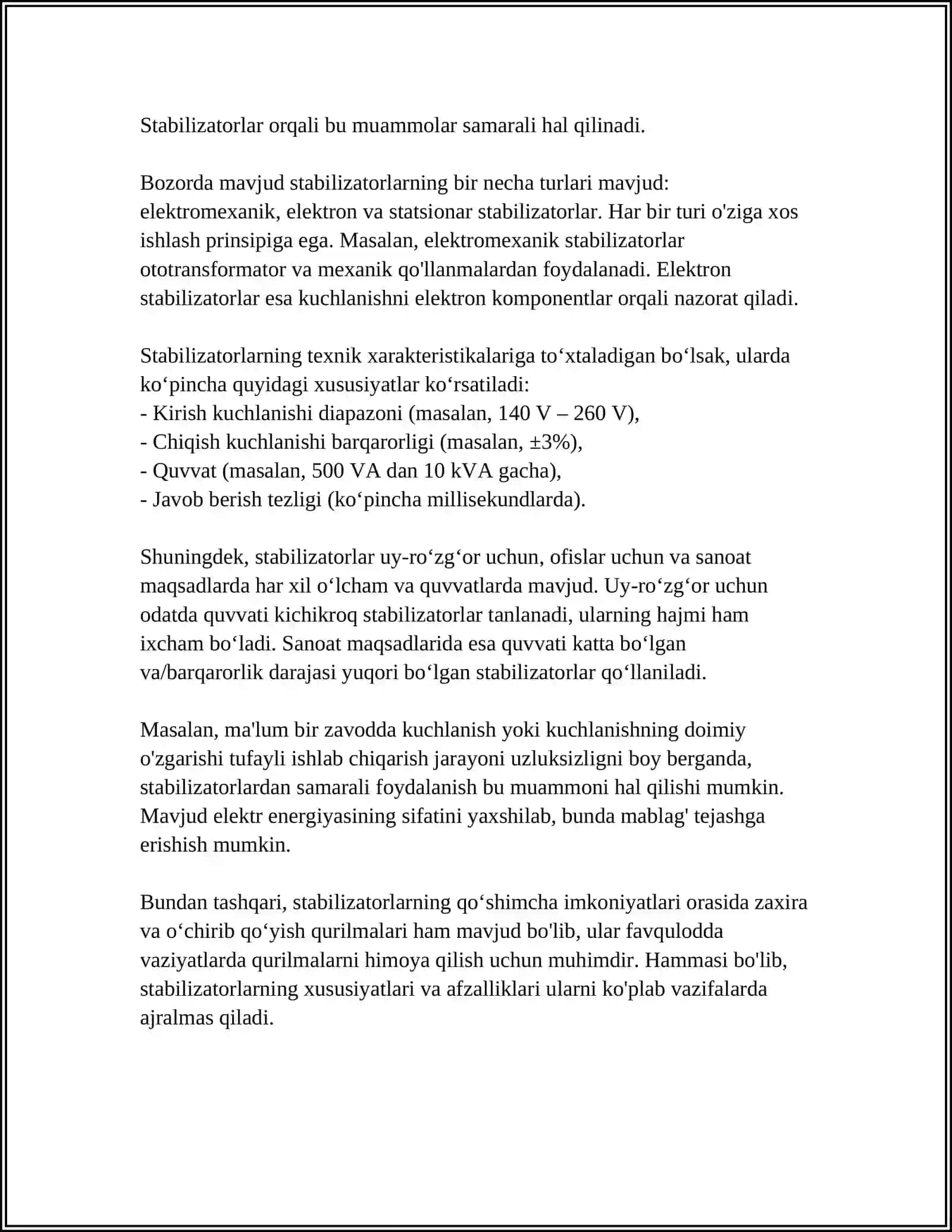 STABILIZATOR INVERTORLAR VA CHASTOTA ÒZGARTKICHLAR 4