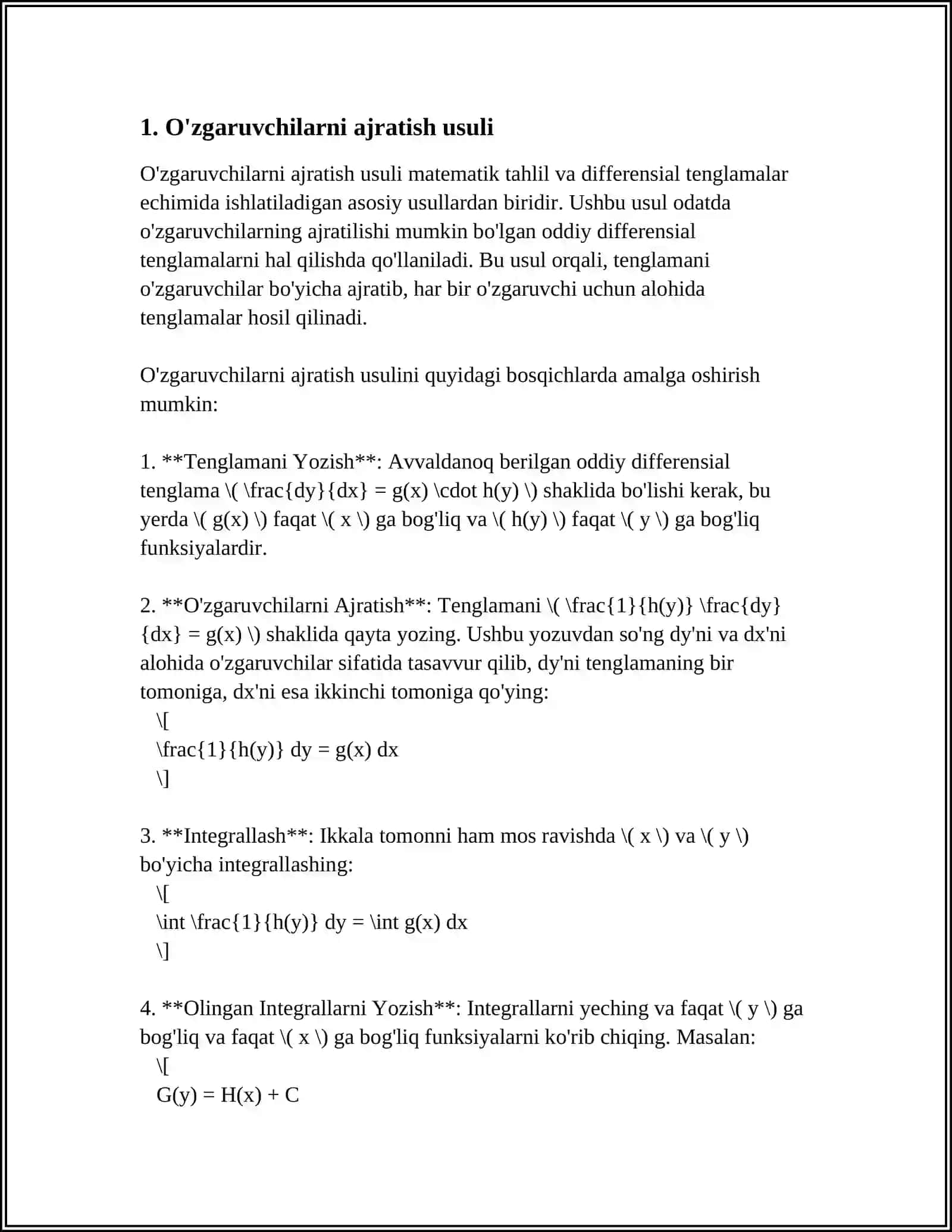 O'ZGARUVCHILARI AJRALADIGAN DIFFERENTIAL TENGLAMALAR 4