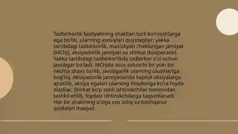 Tadbirkorlik faoliyati va shakllari 4