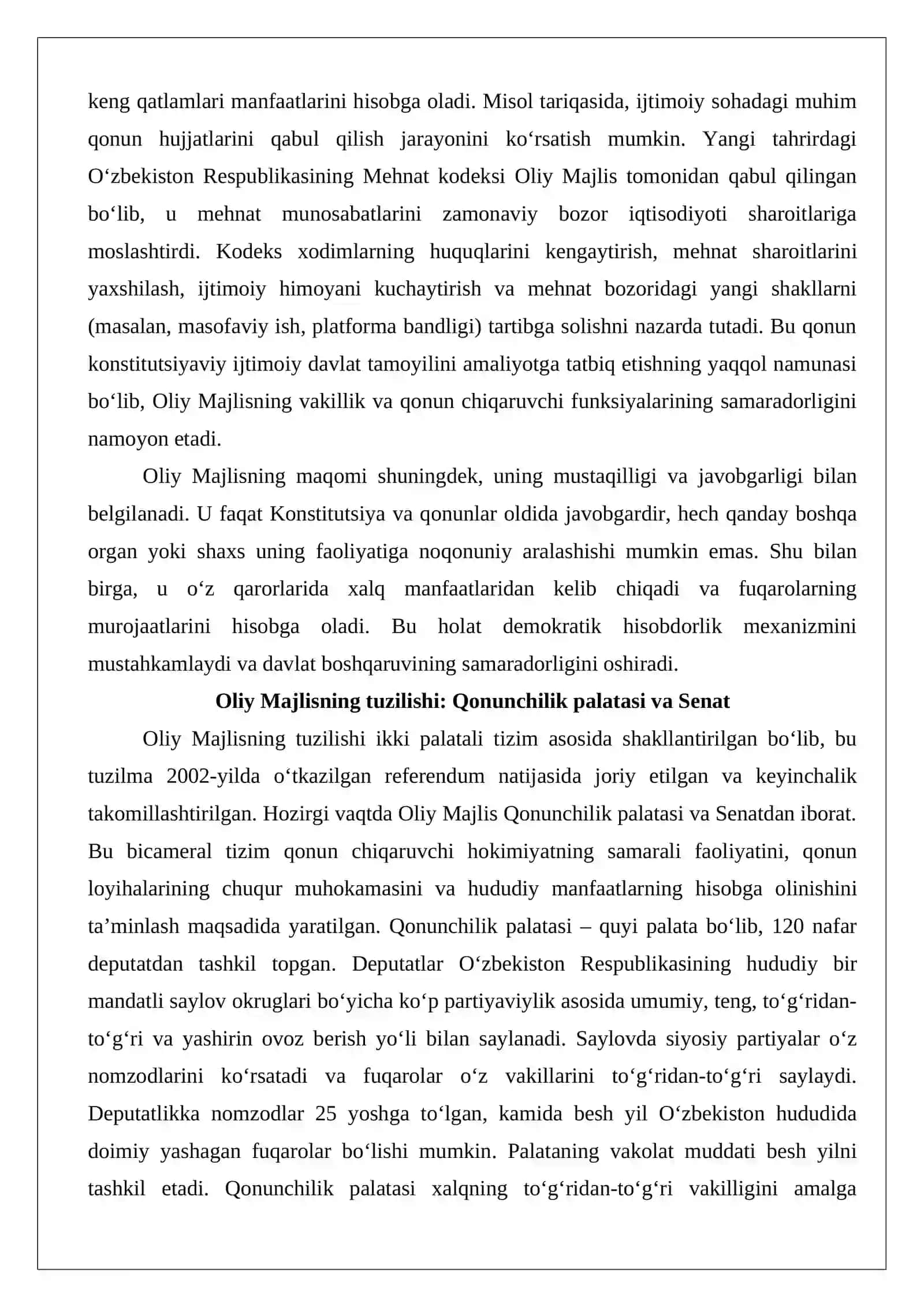 O‘zbekiston Respublikasining Oliy Majlisi palatalarining vakolatlari va tashkiliy faoliyati 4