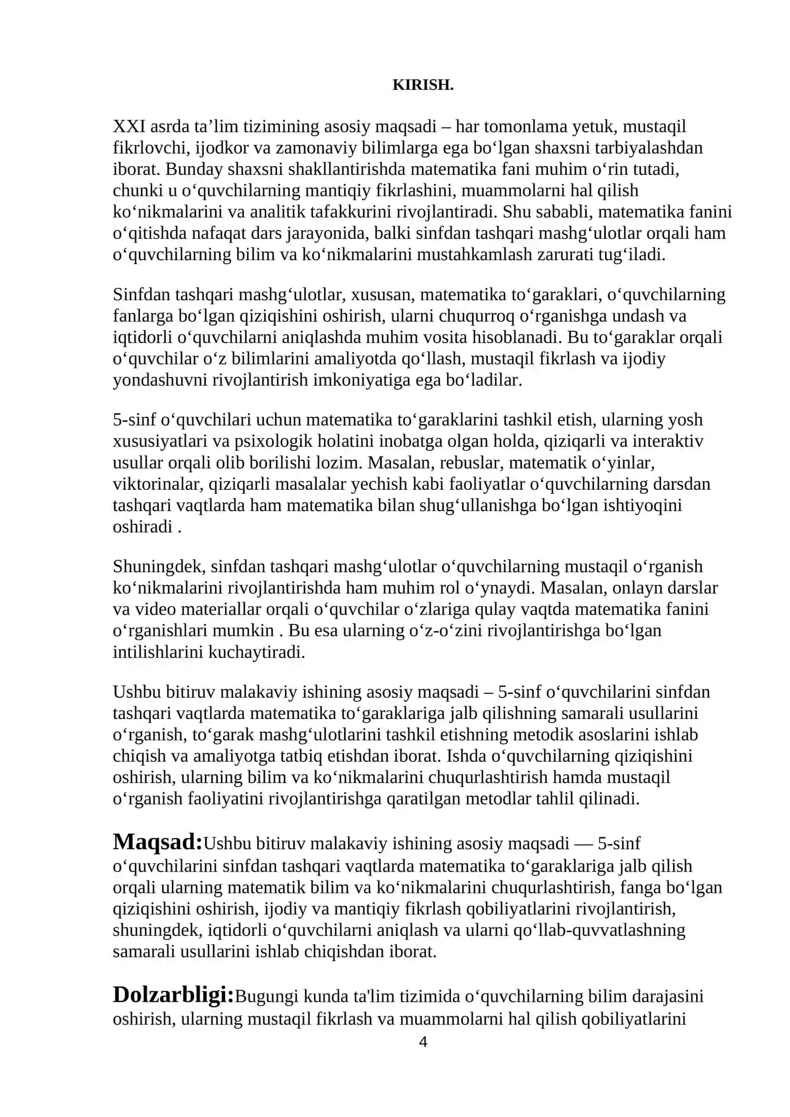 Matematikada sinfdan tashqari ishlarni o’tkazish metodikasi 4