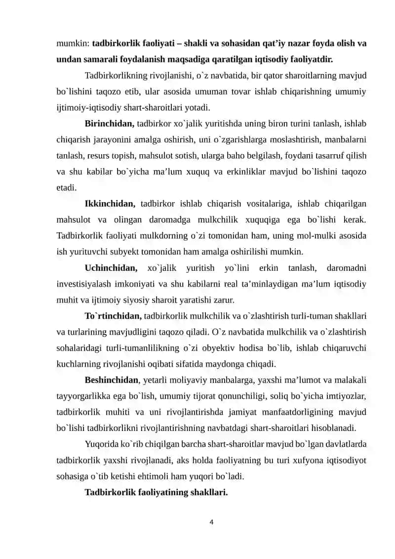 Tadbirkorlik faoliyatining mazmuni va shakllari 4