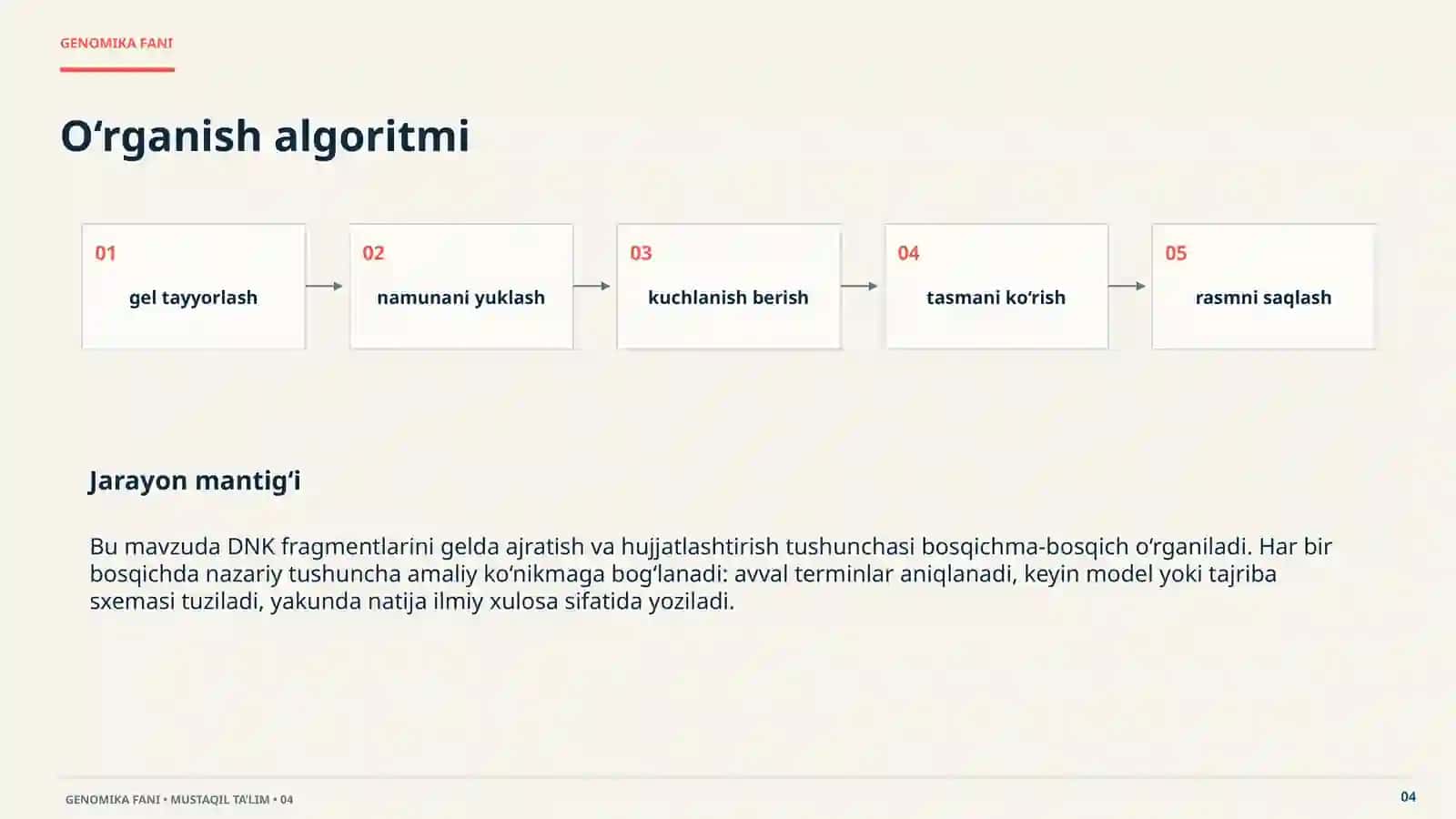 GENOMIKA FANIDAN MUSTAQIL TA’LIM MT25: PZR va restriksiya mahsulotlarini gel-elektroforez usuli yordamida vizualizatsiya qilish va gel-hujjatlashtiruvchi tizimda saqlash. DNK fragmentlarini gelda ajratish va hujjatlashtirish. 20 slaydli premium taqdimot 4