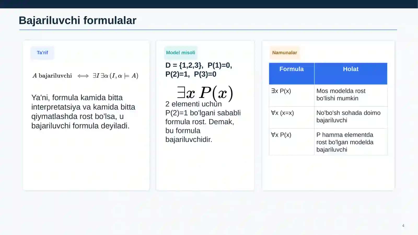 Predikatlar algebra formulalarining teng kuchliligi 4