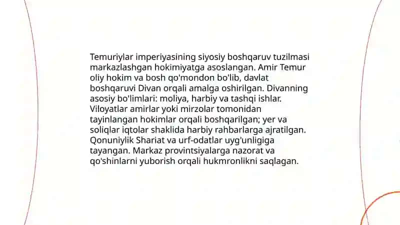 Amir Temur imperiyasi, imperiyaning siyosiy va madaniy hayoti 4