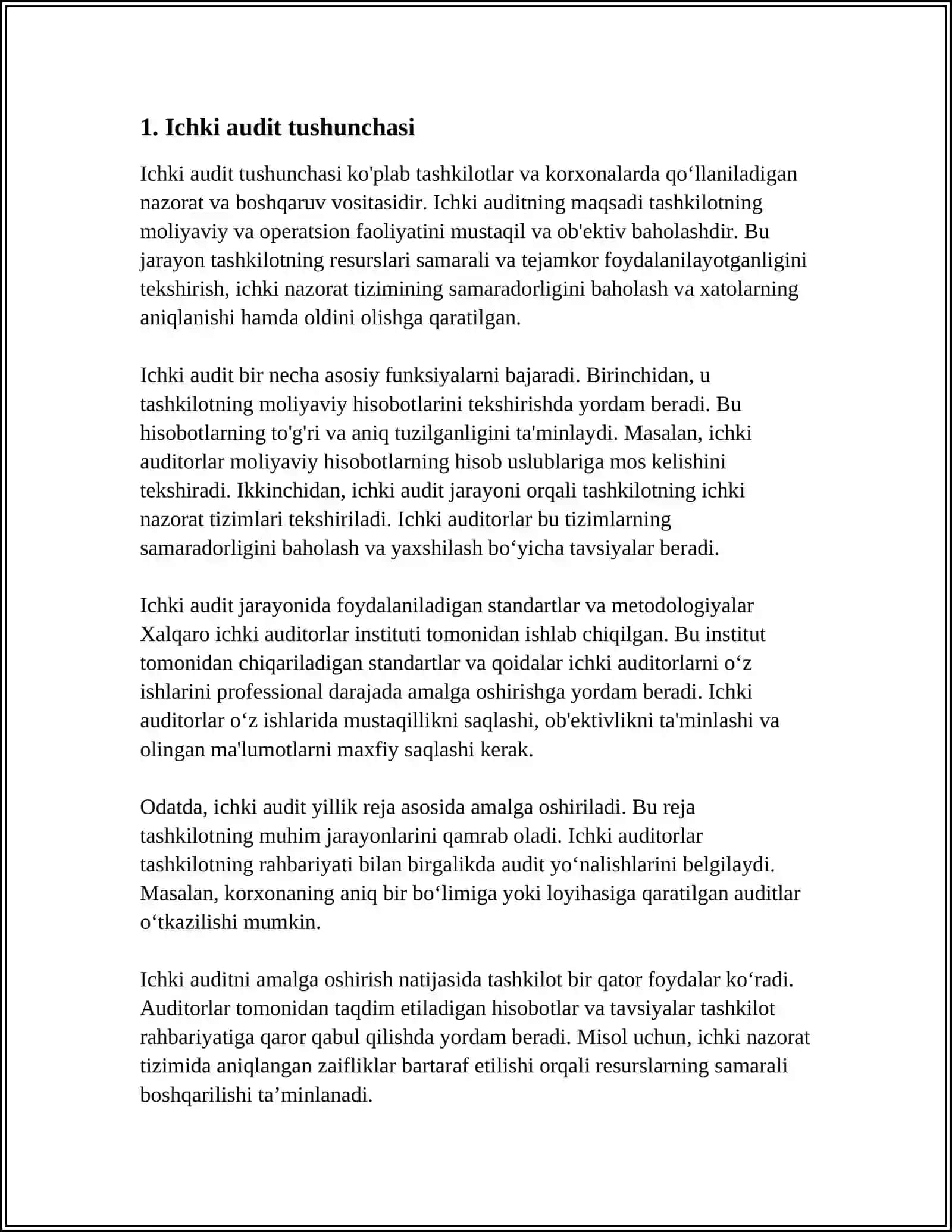 ICHKI AUDIT TUSHUNCHASI, UNING MAQSAD VA VAZIFALARI 4