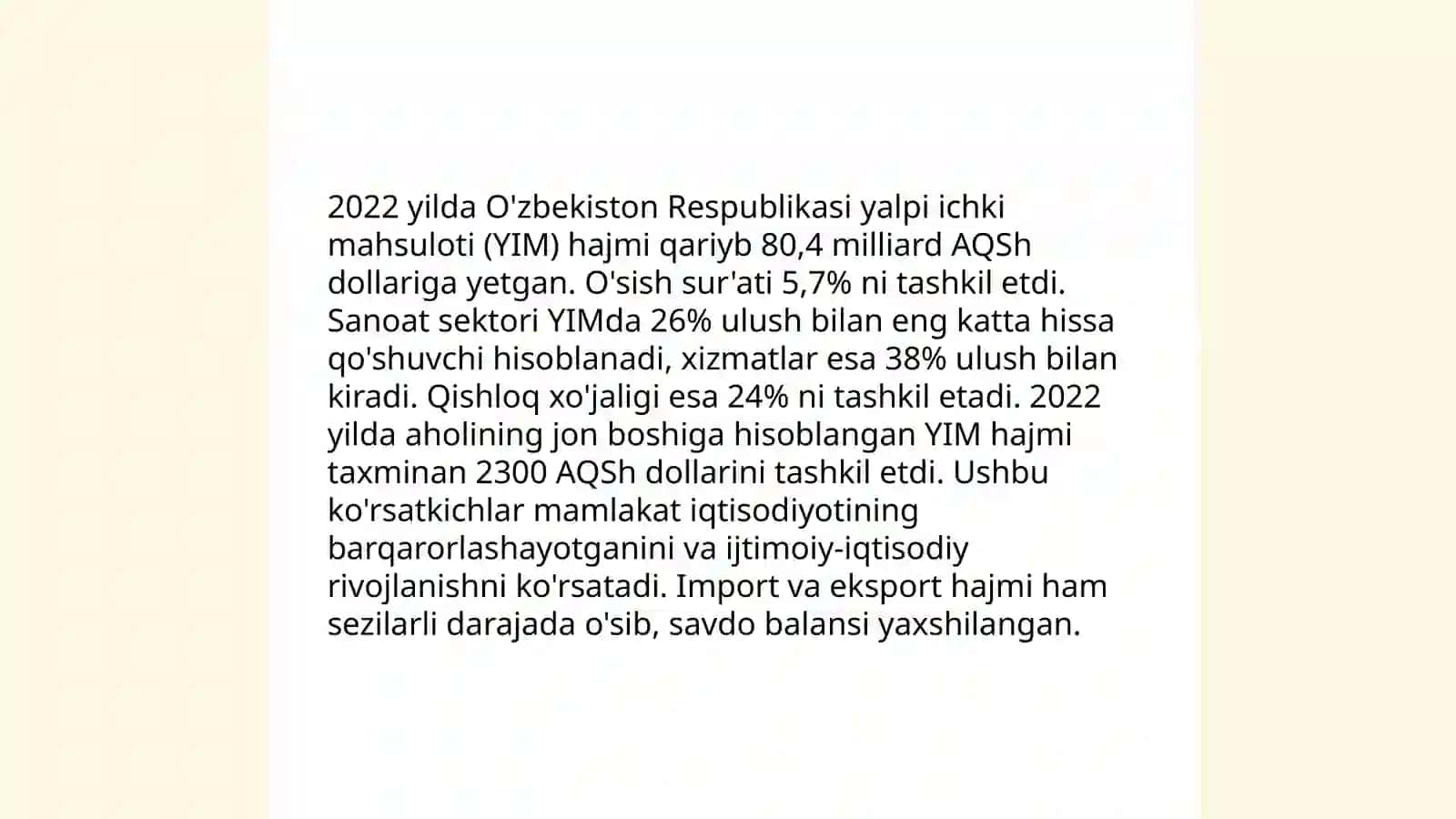 O‘zbekistonning yalpi ichki mahsuloti (YIM) hajmi 4