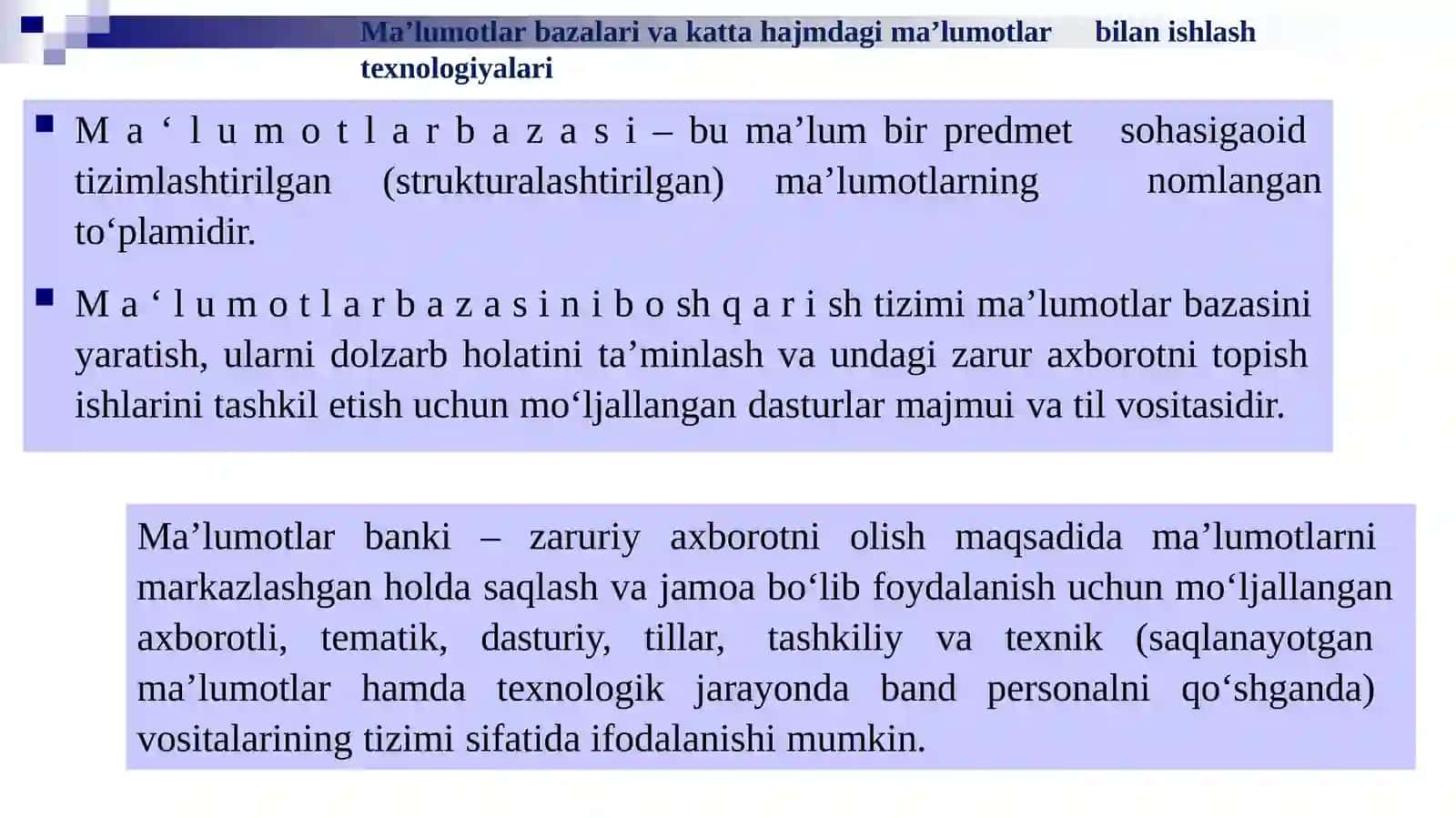 Ma’lumotlar bazalari va katta hajmdagi ma’lumotlar bilan ishlash  texnologiyalari. 4