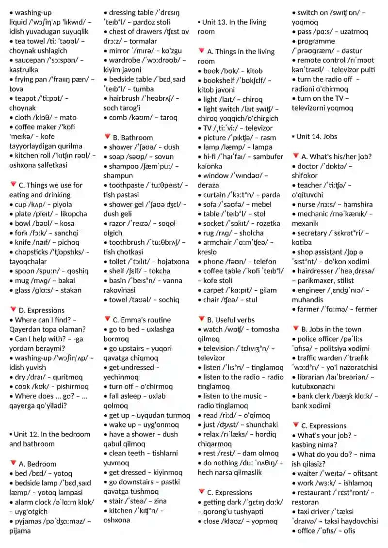 VOCABULARY IN USE ELEMENTARY O'ZBEKCHA TARJIMASI VA O'QILISHI  BILAN 4