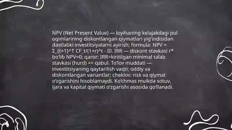 Ko‘chmas mulk loyihalarida iqtisodiy-moliya tahlilini amalga oshirish uslubiyati 4