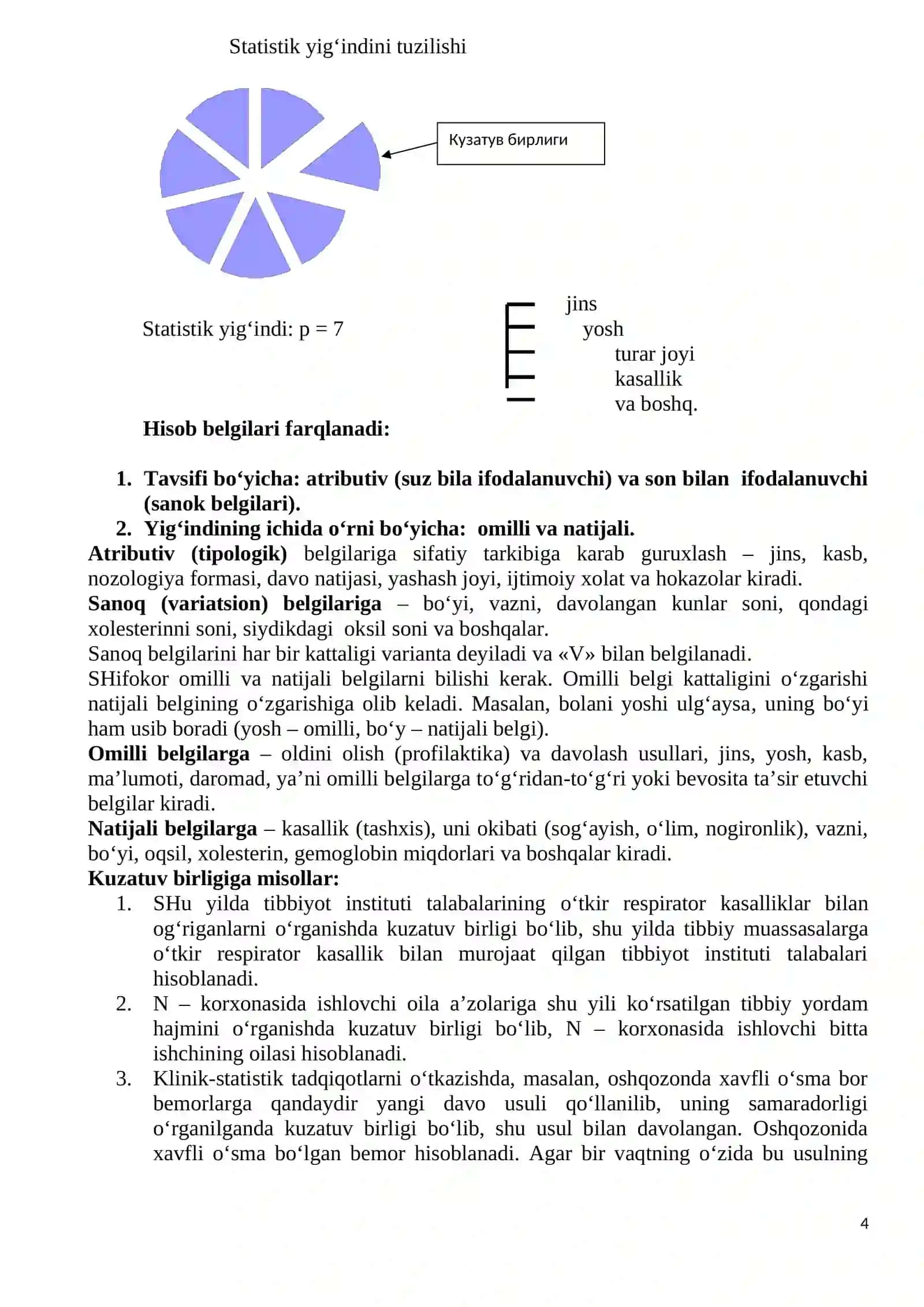 Jamoat salomatligi va sog‘likni saqlashni tashkil etish fanni, Tibbiyot statistikasi, uning sog‘liqni saqlashdagi ahamiyati, tibbiyot statistikasi turlari va ularning asosiy vazifalari 4