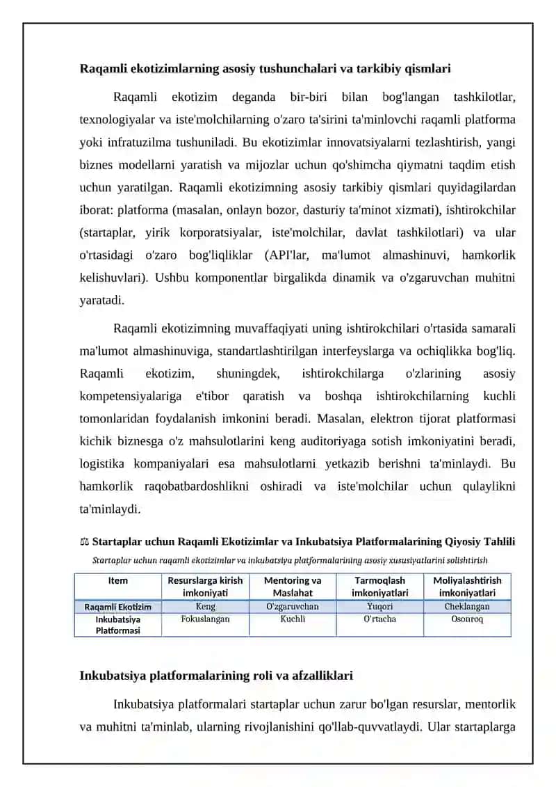 Mavzu: Startaplar uchun raqamli ekotizimlar va enkubatsiya platformalari 4