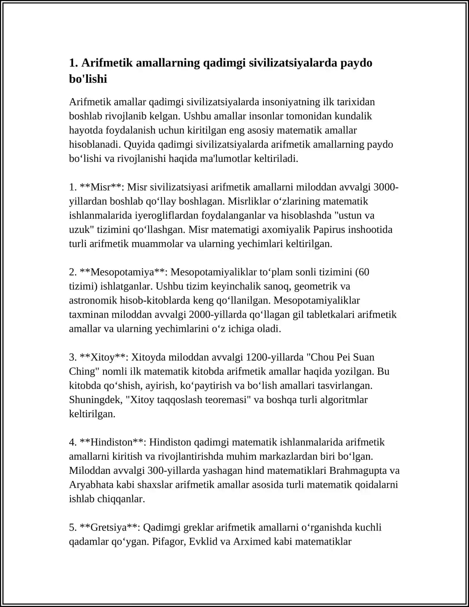 ARIFMETIK AMALLAR MAVZUSIDA TARIXIY MATERIALLARDAN FOYDALANISH. ARIFMETIK AMALLARNING PAYDO BOʻLISH TARIXINI OCHIB BERISH 4