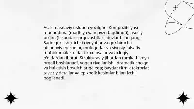 Saddi Iskandariy asarining mavzusi va g'oyasi 4