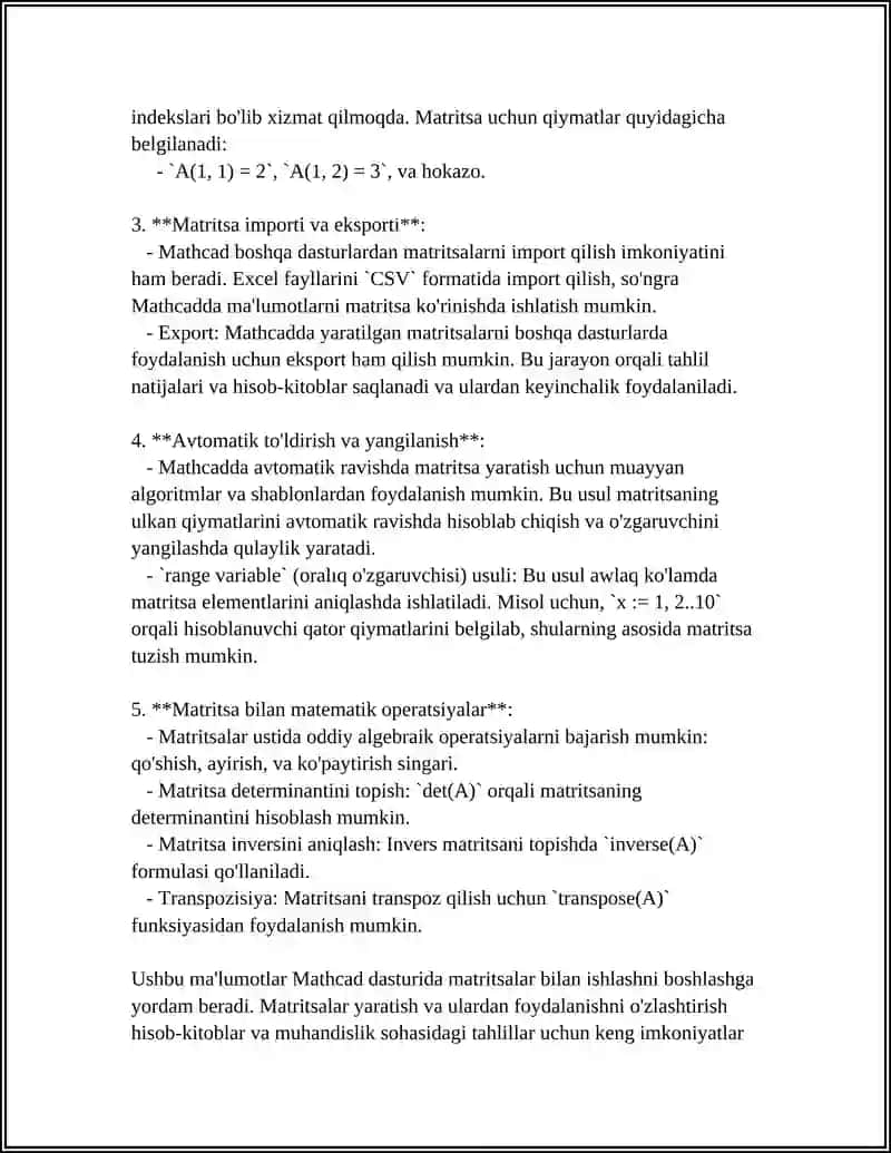 MATRITSA USTIDA AMALLARNI MATHCAD DASTURI ORQALI HISOBLASH 4