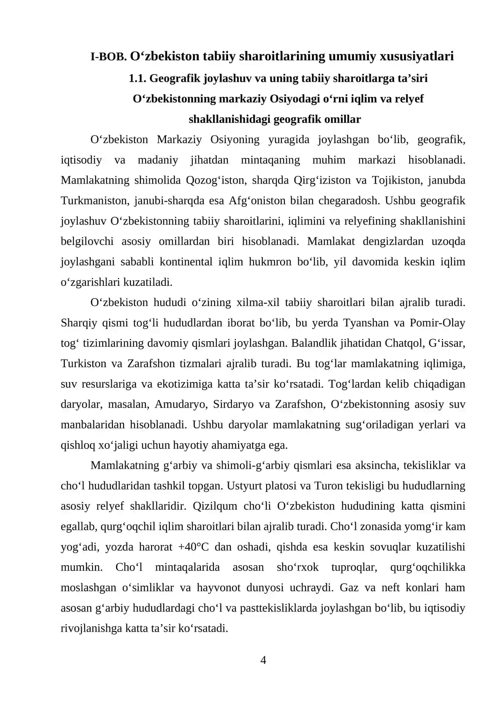 O‘zbekiston tabiiy sharoiti fani bo’yicha 4