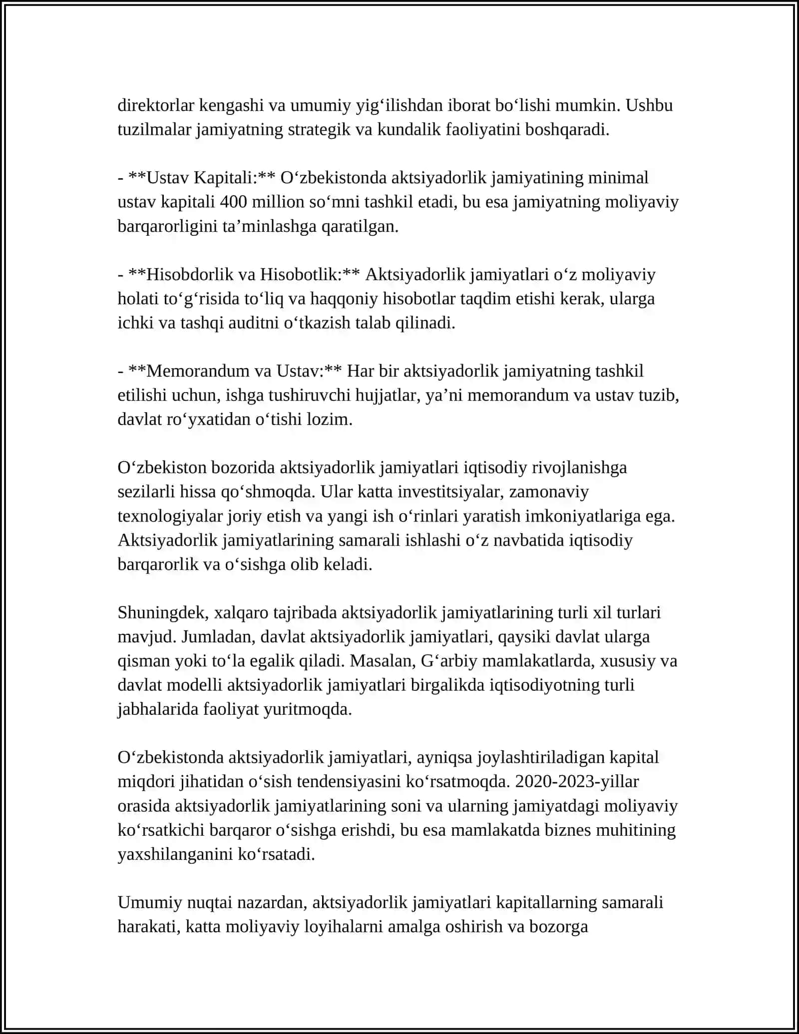 AKSIYADORLIK JAMIYATI VA AKSIYADORLIK KAPITALI. AKSIYA VA UNING TURLARI. AKSIYA KURSI. DIVIDEND VA TA' SISCHILAR FOYDASI 4