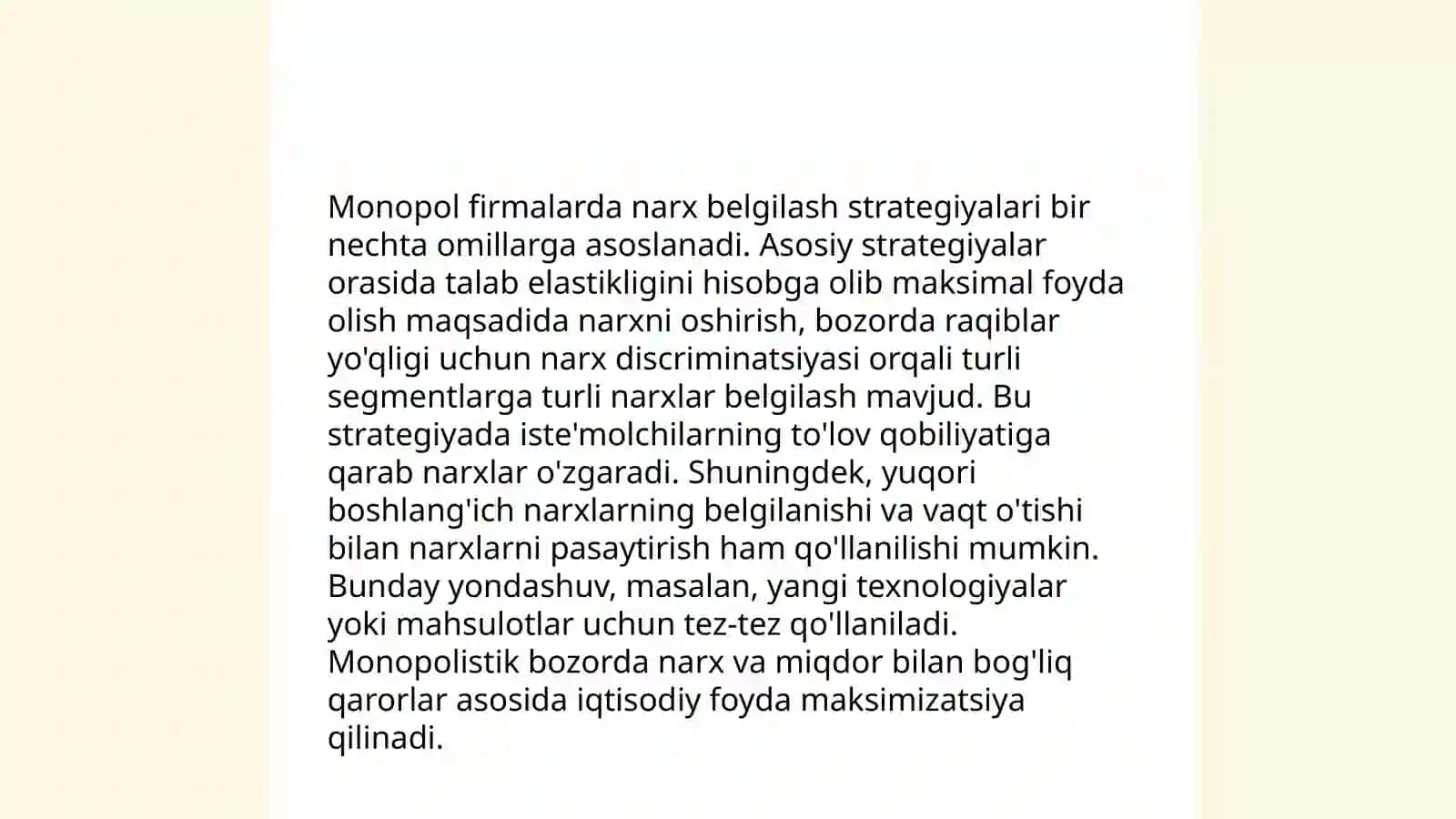 Raqobatlashmagan bozor sharoitida monopol narx belgilash va bozor hokimiyati 4