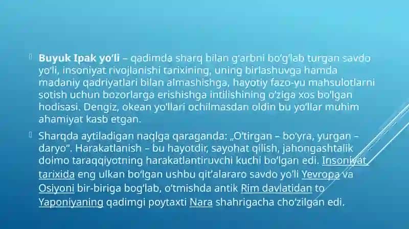 Buyuk Ipak yo’li va hozirgi zamon.O’zbekistonning turizm salohiyati 4