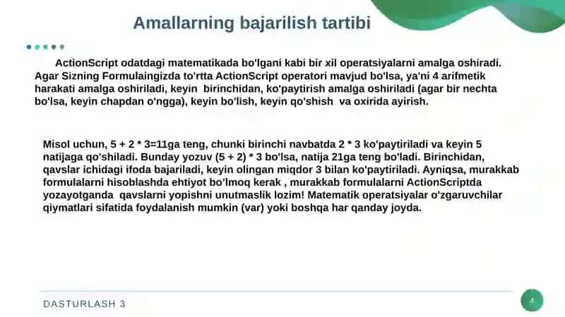 Flashda matematik hisoblashlarni olib borish. Math obyektining metodlari va xususiyatlari. parseFloat funksiyasi 4