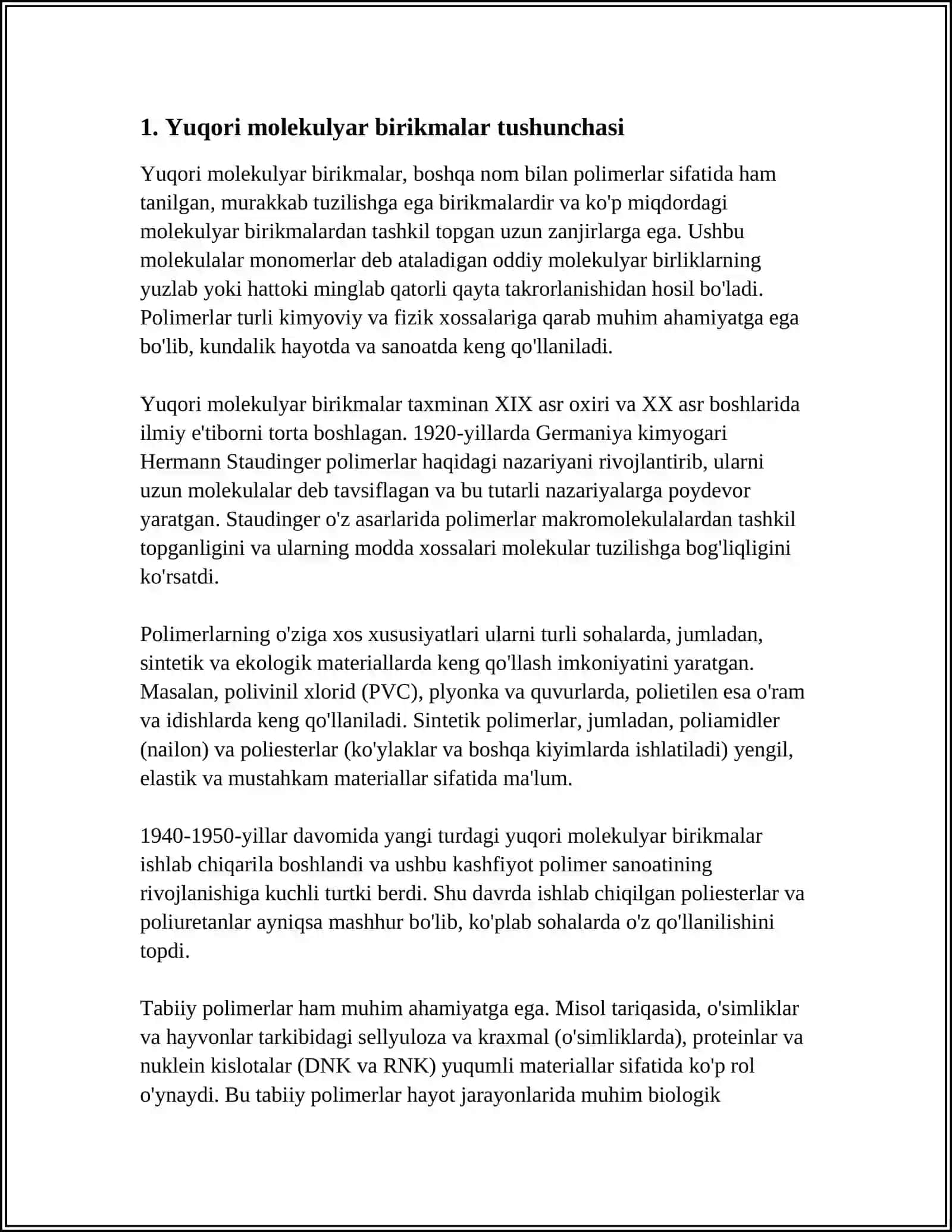 YUQORI MOLEKULYAR BIRIKMALARNING MOLEKULYAR MASSASI MAKROMOLEKULA POLIMER ZANJIRI 4