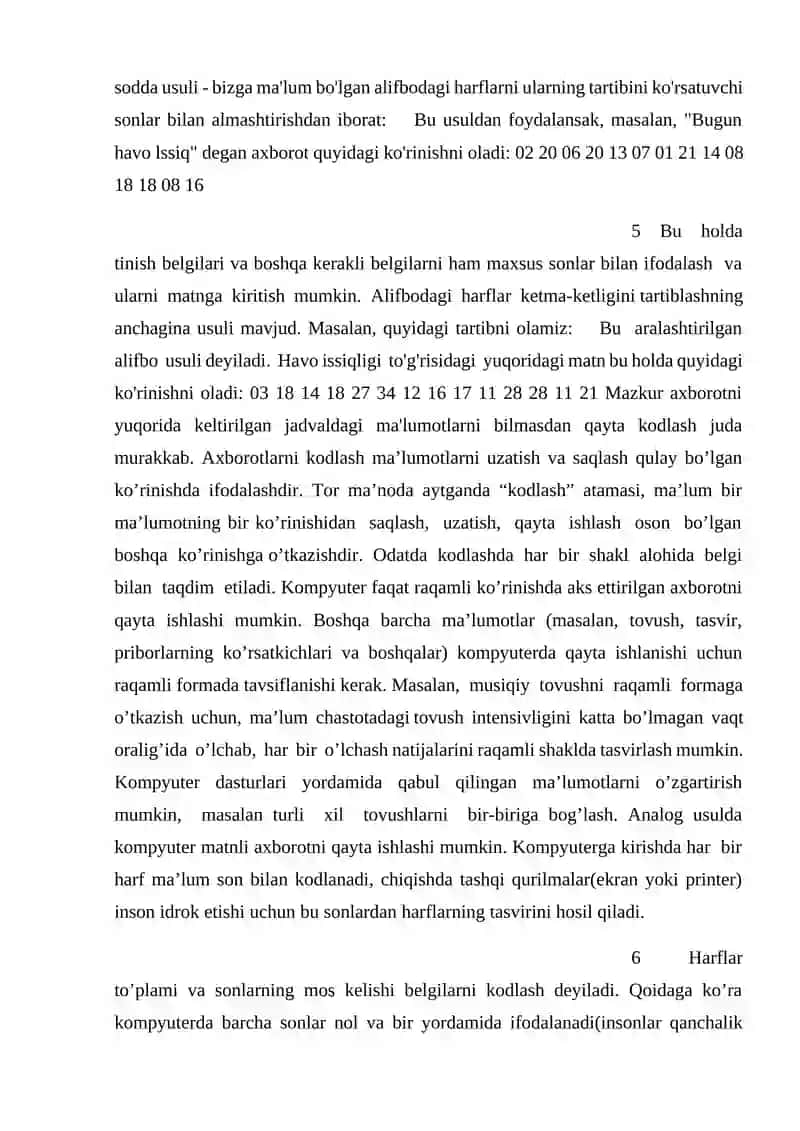 Mavzu: Sonli ma’lumotlarni kodlash. Matnli ma’lumotlarni kodlash. Grafik ma’lumotlarni kodlash. 4