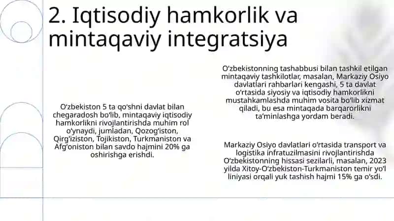 O'zbekistonning Markaziy Osiyoda tinchlik va barqarorlikni ta'minlashdagi roli 4