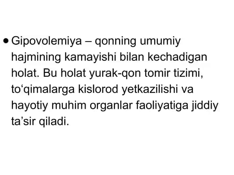 Gipovolemiyalarda qon aylanishining buzilishlari: Gipovolemiyalar 4