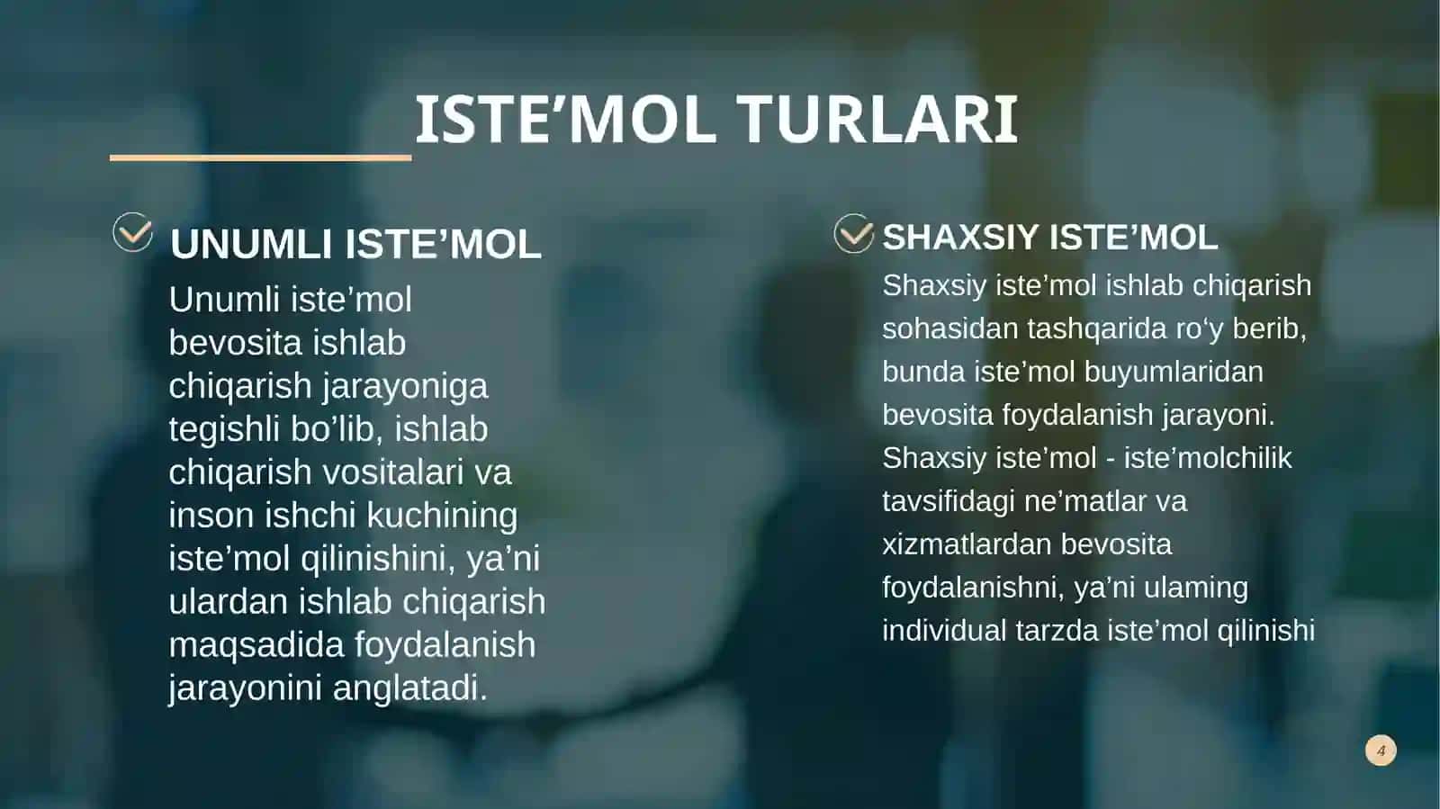 Iste’MOL, JAMG’ARMA, INVESTITSIYALAR 4