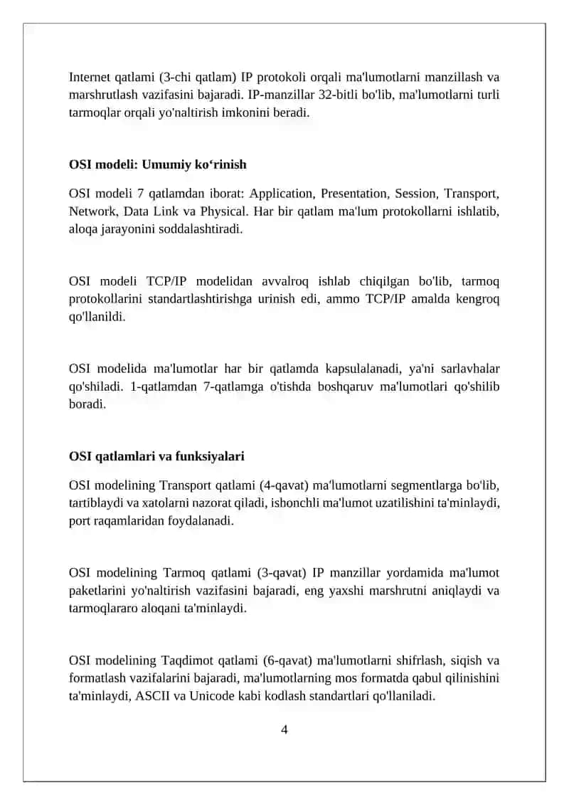 TCP/IP va OSI modellarning kompyuter tarmoqlarini qurishda o'rn 4