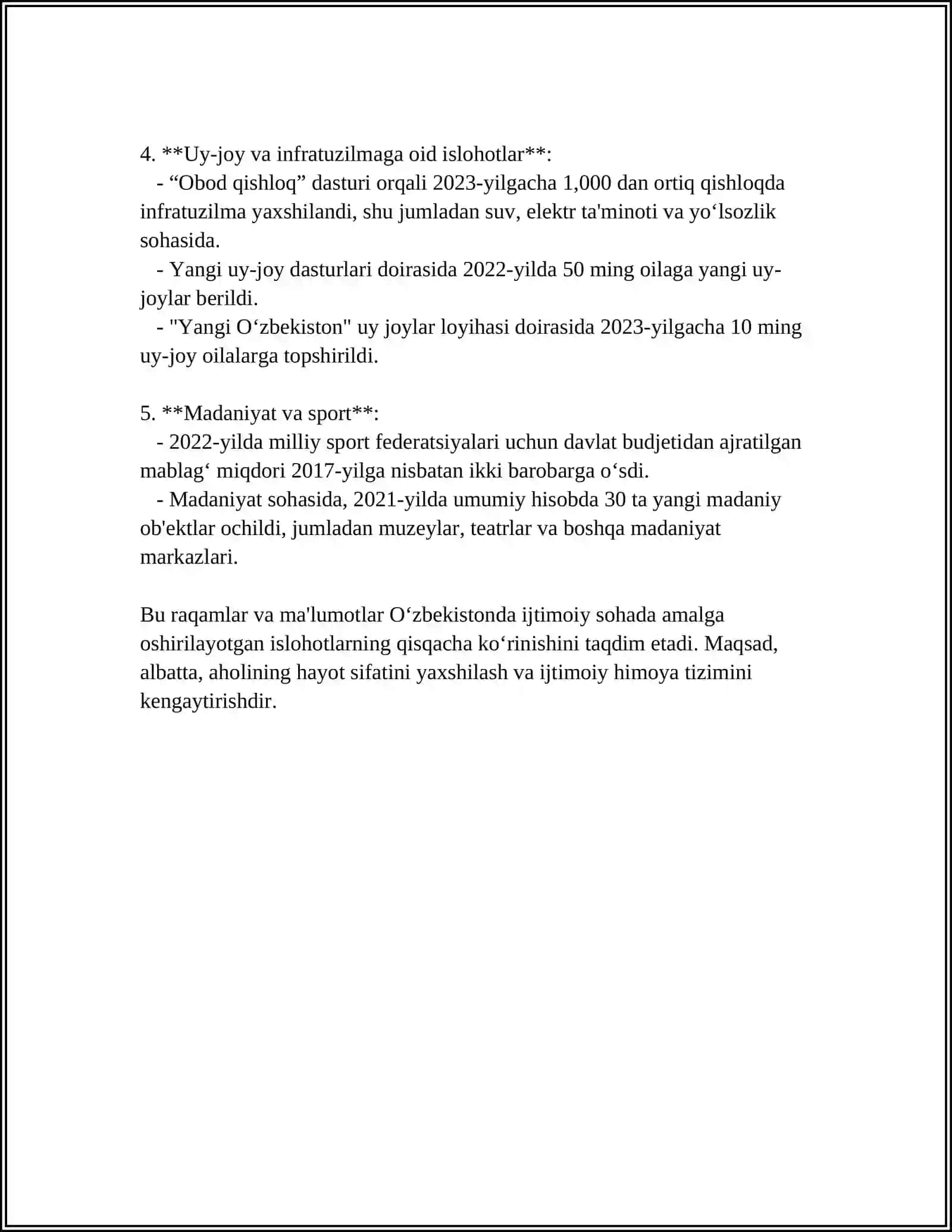 O'ZBEKISTONDA IJTIMOIY SOHADA AMALGA OSHIRILAYOTGAN O`ZGARISHLAR MAZMUN VA MOHIYATI 4