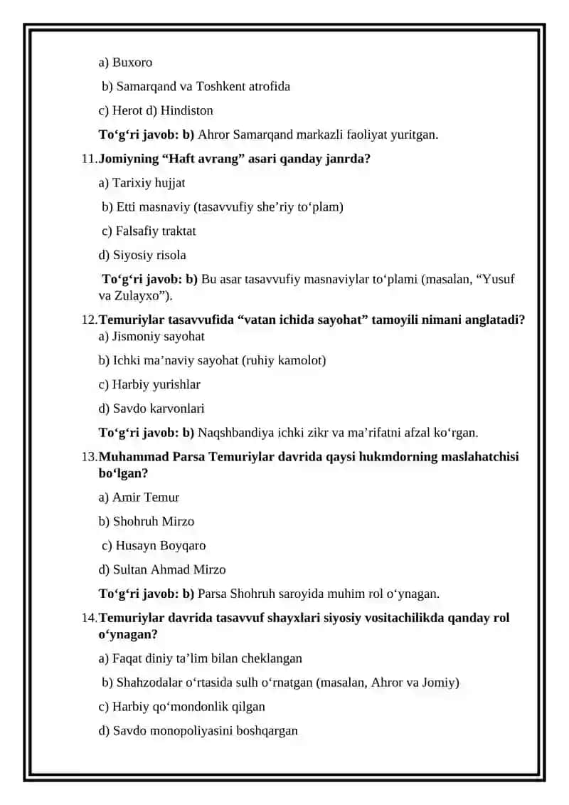 Temuriyar davlatida tasavvuf vakillari faoliyati test 4