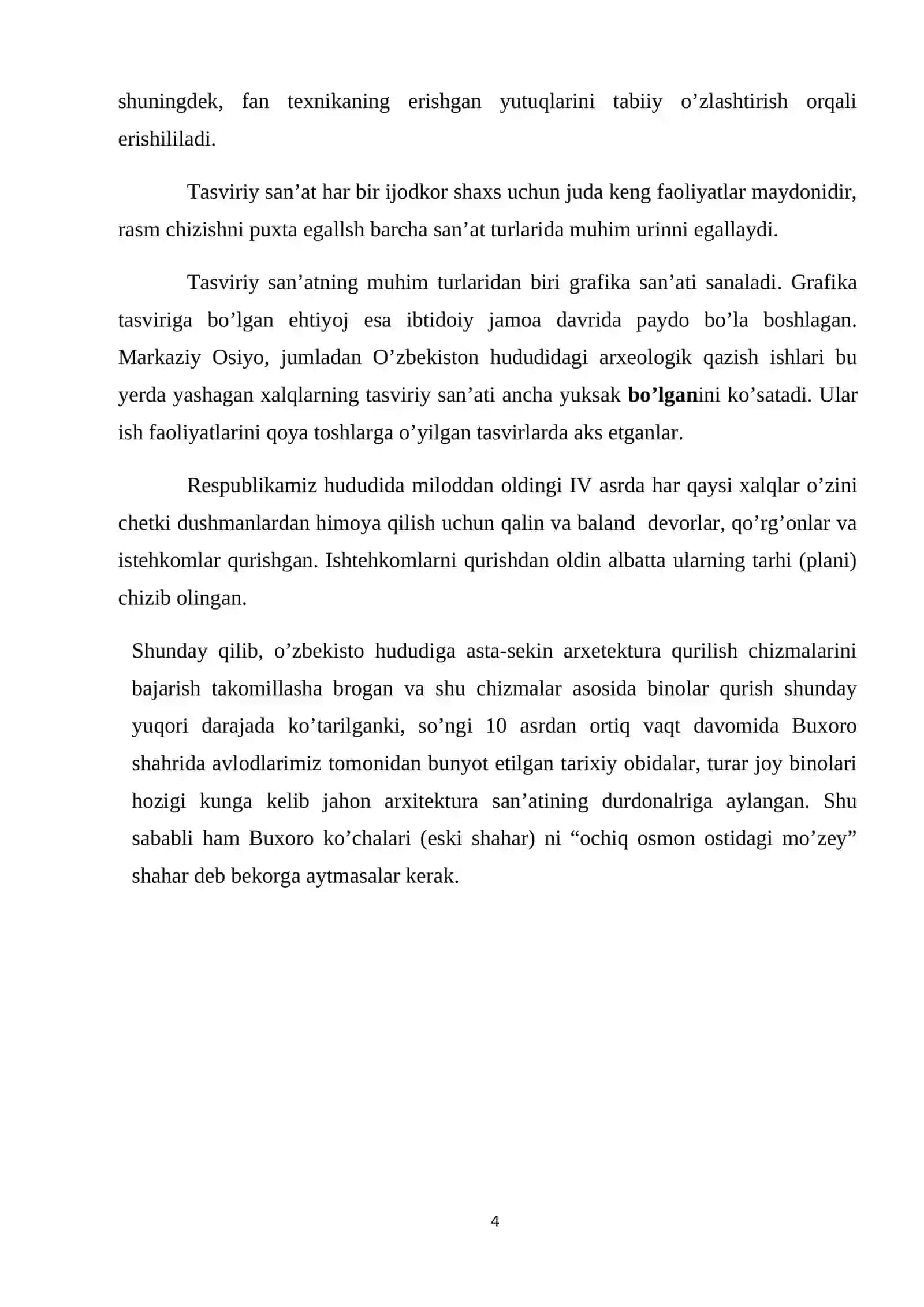 Yurtimizning go’zal tarixiy obidalarini tasvirlash (Buxoro manzarasi misolida) m.b 4
