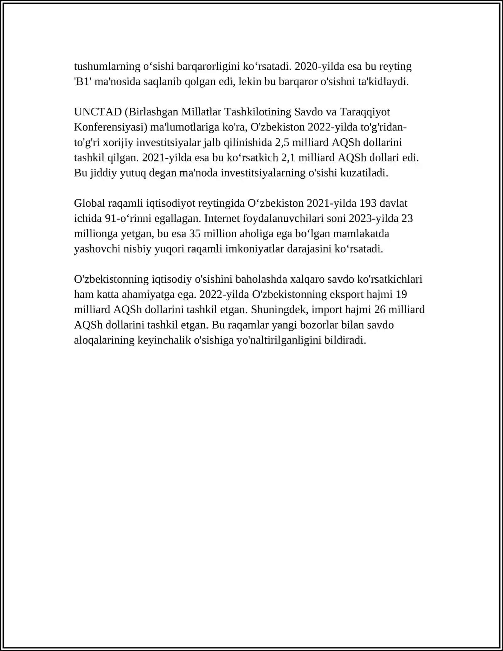 ÒZBEKISTON RESPUBLIKASINING XALQARO REYTINGI VA ÒRNI 4