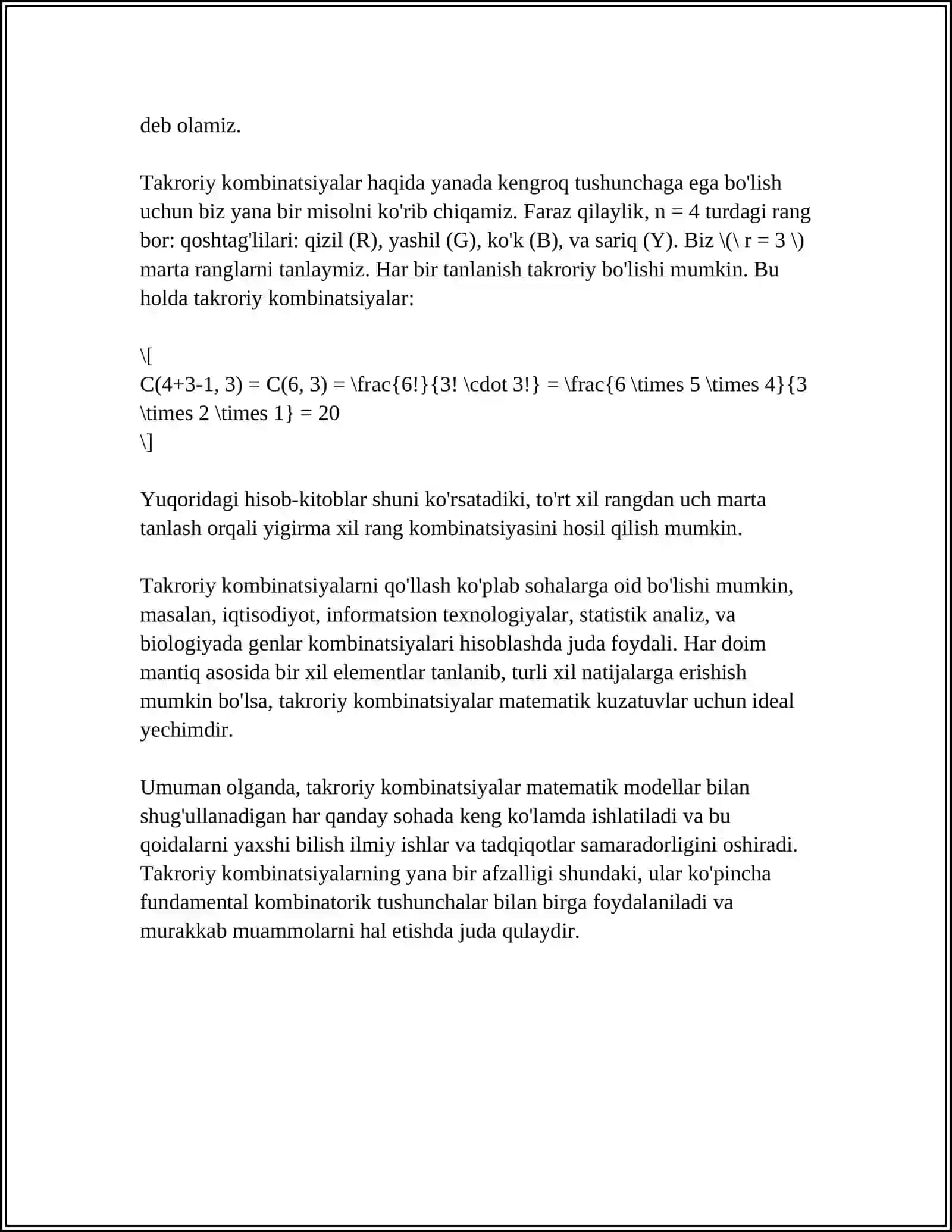 TAKRORIY VA TAKRORSIZ KOMBINATORIYA ELEMENTLARIGA DOIR MASALALAR 4