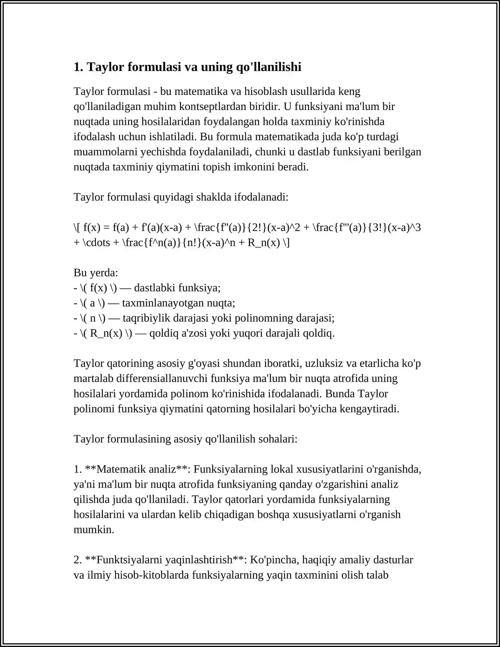 TEYLOR FORMULASI VA TEYLOR QATORI 4