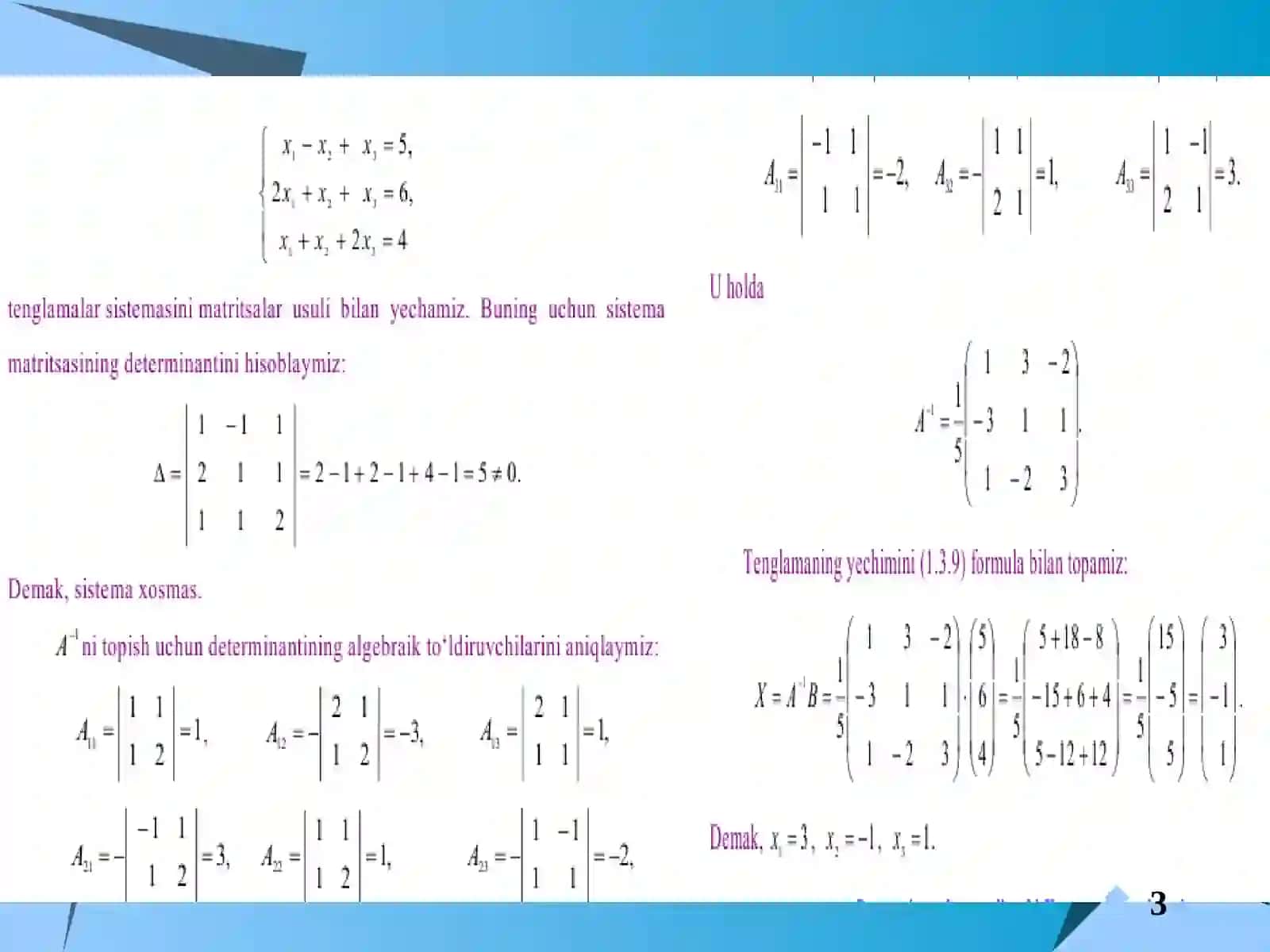 Chiziqli algebraik tenglamalar sistemasi va ularni yechish usullari 4