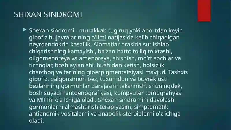 Tibbiyot. Shixan sindromi. Simmonds kaxeksiyasi 4