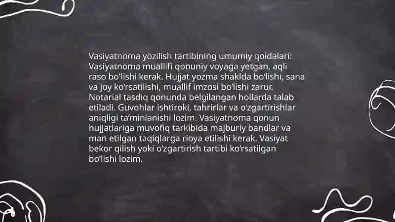 Vasiyatnoma yozilish tartibi, turlari va majburiy bandlar 4