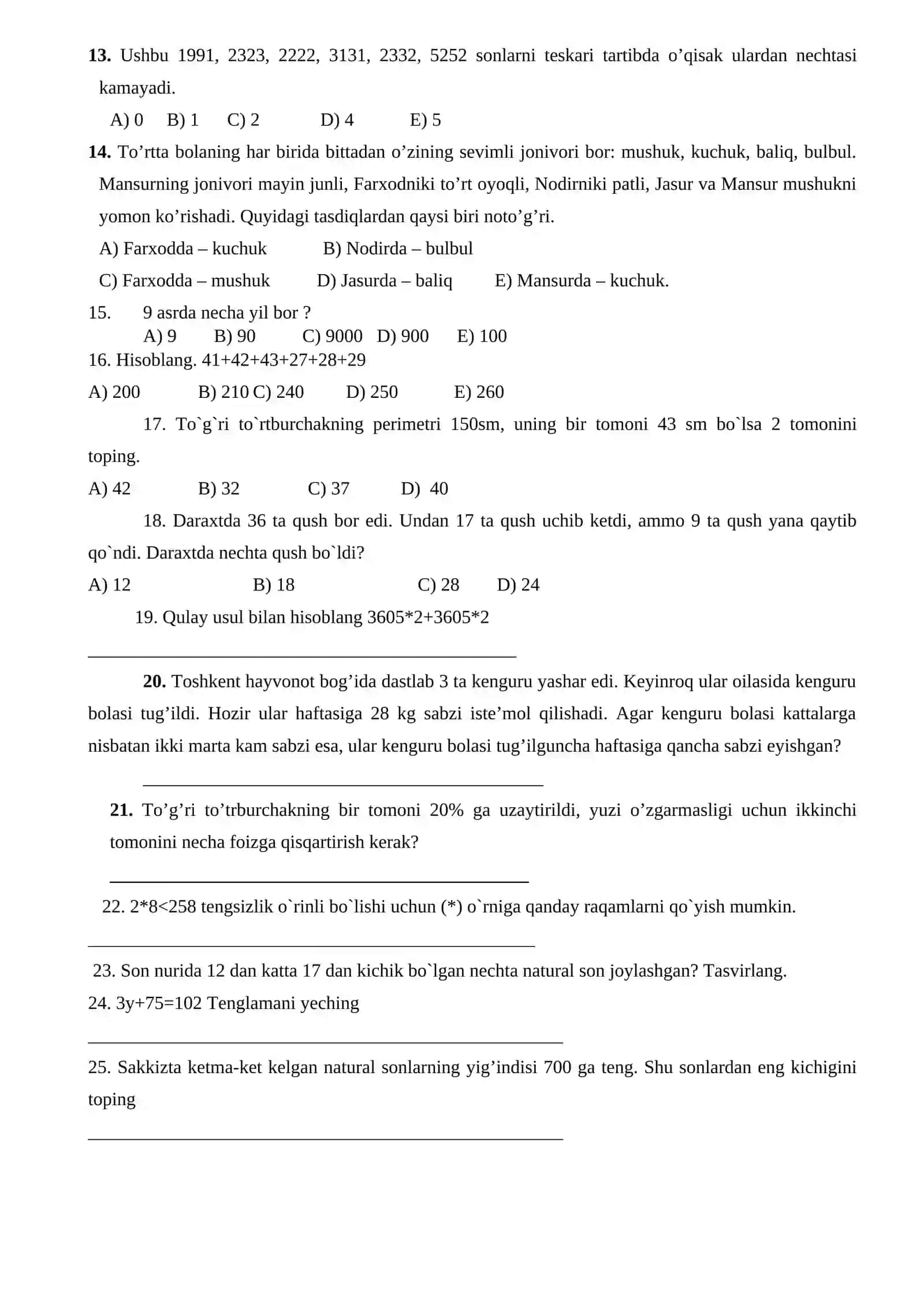 5 – sinf uchun Bilimlar bellashuvi testi 4