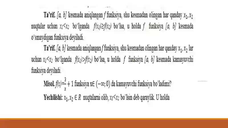 Monoton funksiyalar va ularning xossalari. O`zgarishi chegaralangan funksiyalar va ularning xossalari.. 4