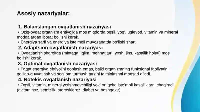 Tibbiyotda ovqatlanish nazariyasi. Parxez stollari. 4