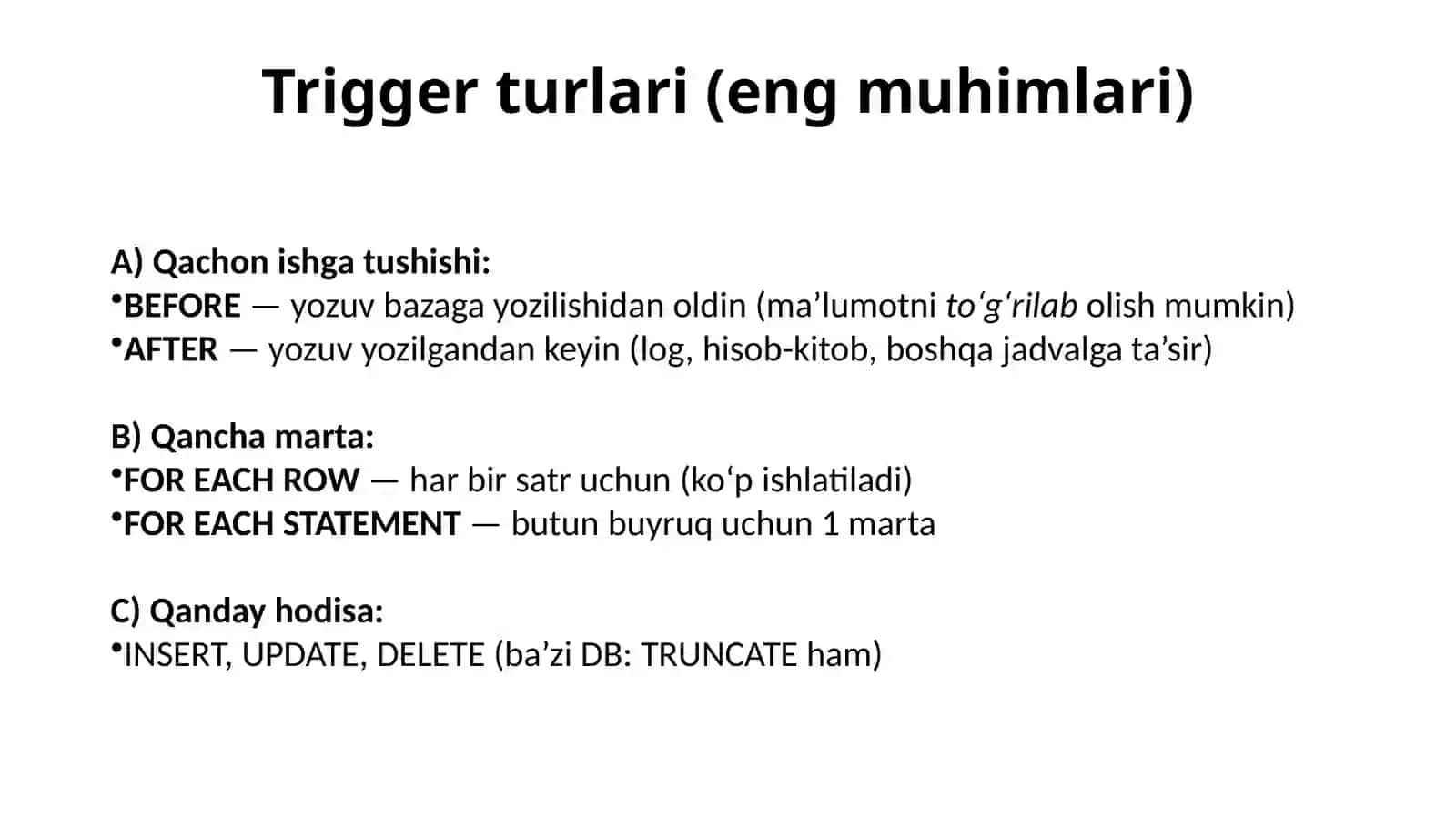 SQL da triggerlar bilan ishlash. Berilganlar bazasini zaxira nusxasini olish 4