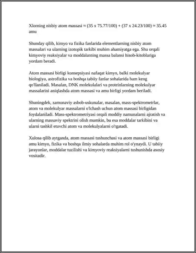 ELEMENTLAR ATOM MASSALARI.GAZLARNING MOLEKULYAR MASSASINI ANIQLASH 4