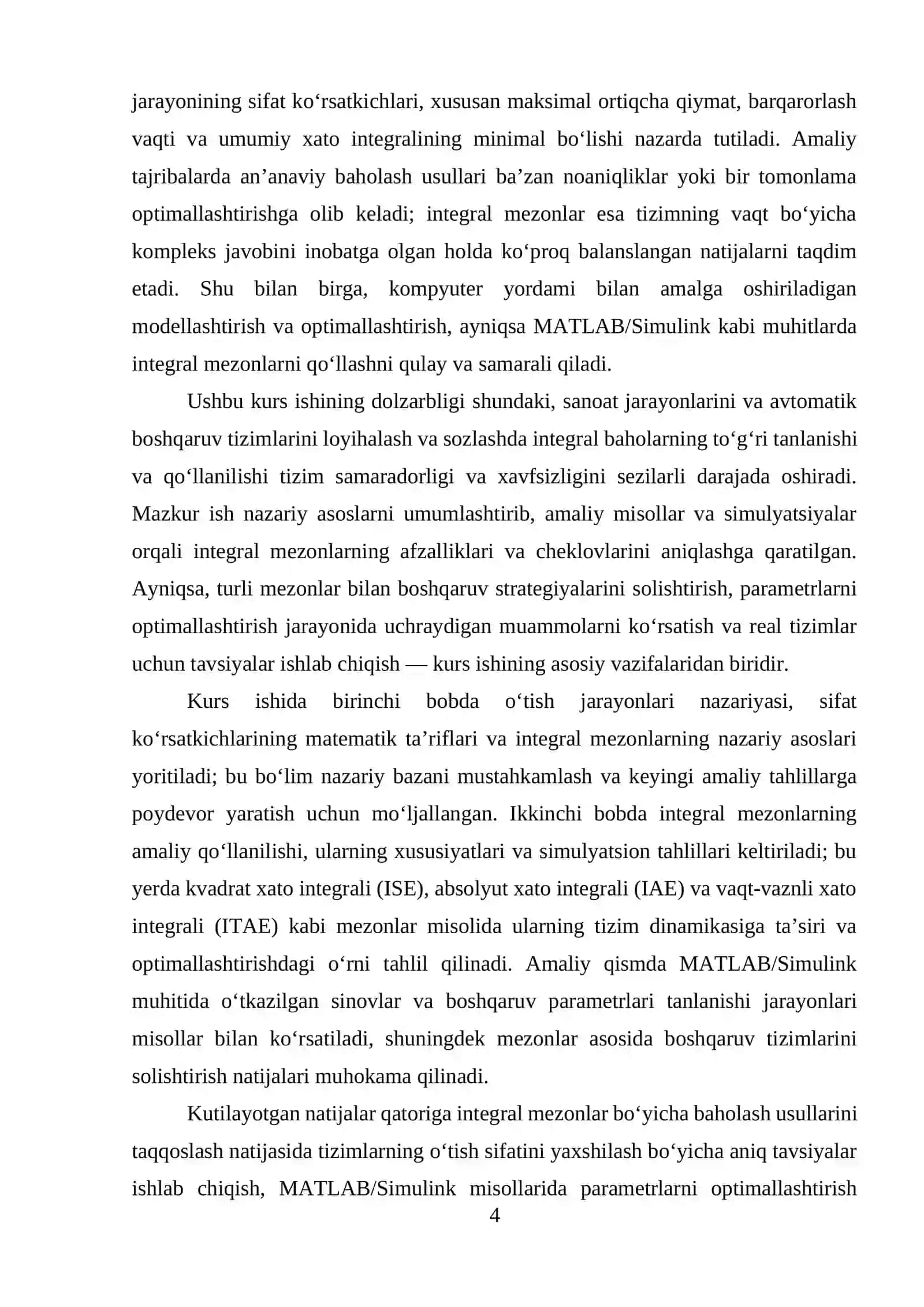 O‘tish jarayoni sifatini integral baholari 4